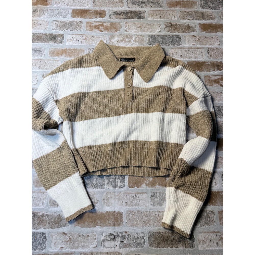 Nikka K Women Tan White Striped Chenille Cropped Polo Sweater Small RN150994